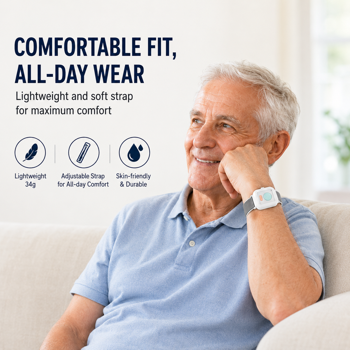 Senior wearing a lightweight GPS tracker with adjustable and skin-friendly wristband
