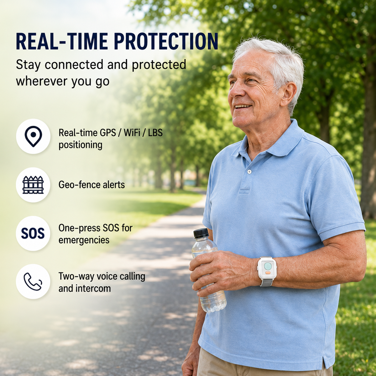 Senior wearing a 4G GPS tracker with real-time location, geofencing, SOS and two-way voice calling